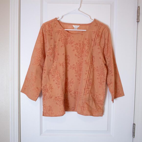 Burnt Peach Burnout Blouse Floral 3/4 Sleeve Sheer Layering Top XL | Soft Autumn - Picture 1 of 8